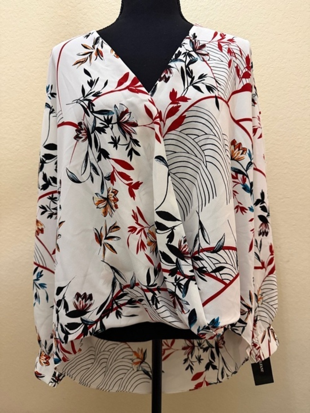 Alfani White Floral V-Neck Blouse with Red & Teal Accents